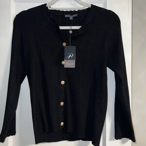 Black Crew Neck Mix Rib Gold Button Up Button Down Sweater